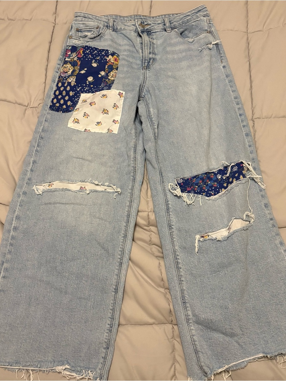 American Eagle Outfitters Light Wash Flare Jeans with Blue & Cream Patchwork